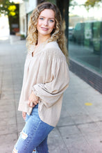 Load image into Gallery viewer, Boho Vibes Taupe Notched Neck Smocked Bubble Sleeve Top