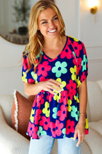 Load image into Gallery viewer, Sunny Days Navy Flat Floral Bubble Sleeve Babydoll Top