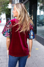 Load image into Gallery viewer, Diva Dreams Wine Floral Sequin Puff Sleeve Velvet Top