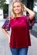 Load image into Gallery viewer, Diva Dreams Wine Floral Sequin Puff Sleeve Velvet Top