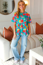Load image into Gallery viewer, Take Me Away Teal Floral Drop Shoulder Babydoll Top