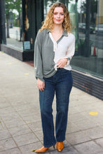 Load image into Gallery viewer, Start Your Day Olive Half & Half Collared Notched Neck Top