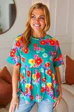 Load image into Gallery viewer, Take Me Away Teal Floral Drop Shoulder Babydoll Top