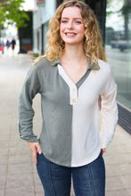 Load image into Gallery viewer, Start Your Day Olive Half & Half Collared Notched Neck Top
