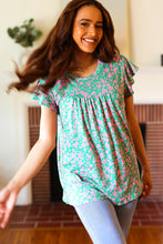 Load image into Gallery viewer, Dreamy Green & Pink Floral Yoke Ruffle Short Sleeve Top
