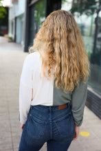 Load image into Gallery viewer, Start Your Day Olive Half & Half Collared Notched Neck Top