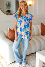 Load image into Gallery viewer, Tropical Breeze Turquoise Floral Banded V Neck Flutter Sleeve Top