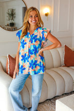 Load image into Gallery viewer, Tropical Breeze Turquoise Floral Banded V Neck Flutter Sleeve Top