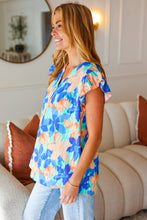 Load image into Gallery viewer, Tropical Breeze Turquoise Floral Banded V Neck Flutter Sleeve Top