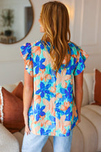 Load image into Gallery viewer, Tropical Breeze Turquoise Floral Banded V Neck Flutter Sleeve Top