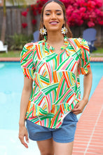 Load image into Gallery viewer, Hello Beautiful Green & Orange Geo Frill Notch Neck Puff Sleeve Top