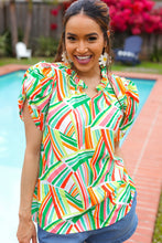 Load image into Gallery viewer, Hello Beautiful Green & Orange Geo Frill Notch Neck Puff Sleeve Top