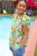 Load image into Gallery viewer, Hello Beautiful Green & Orange Geo Frill Notch Neck Puff Sleeve Top