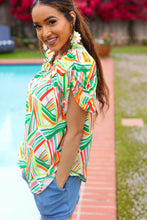 Load image into Gallery viewer, Hello Beautiful Green & Orange Geo Frill Notch Neck Puff Sleeve Top