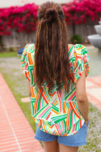 Load image into Gallery viewer, Hello Beautiful Green & Orange Geo Frill Notch Neck Puff Sleeve Top