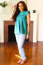 Load image into Gallery viewer, Love Life Cotton Turquoise Frill Mock Neck Flutter Sleeve Top