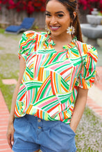 Load image into Gallery viewer, Hello Beautiful Green & Orange Geo Frill Notch Neck Puff Sleeve Top