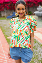 Load image into Gallery viewer, Hello Beautiful Green & Orange Geo Frill Notch Neck Puff Sleeve Top