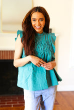 Load image into Gallery viewer, Love Life Cotton Turquoise Frill Mock Neck Flutter Sleeve Top