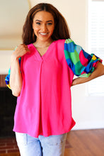 Load image into Gallery viewer, Tell Your Story Fuchsia Geo Print Puff Sleeve V Neck Top