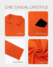 Load image into Gallery viewer, Suhkasana - Orange V Neck Collared Knit Sweater with Front Pockets
