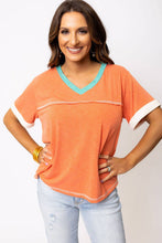 Load image into Gallery viewer, Lovesoft - Grapefruit Orange Contrast Trim Exposed Seam V Neck T-shirt