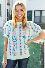 Load image into Gallery viewer, All For Love Mint Jacquard Floral Bubble Sleeve Sweater Top