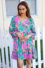 Load image into Gallery viewer, Lock Eyes Stone/Green Long Sleeve V Neck Ruffle Hem Babydoll Dress