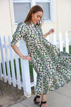 Load image into Gallery viewer, Hello Beautiful Black & Green Ruffled Notch Neck Babydoll Smocked Midi Dress