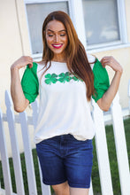 Load image into Gallery viewer, Lucky Sequin Clover Oatmeal Cable Knit Puff Sleeve Top