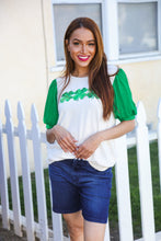 Load image into Gallery viewer, Lucky Sequin Clover Oatmeal Cable Knit Puff Sleeve Top