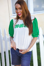 Load image into Gallery viewer, Lucky Sequin Clover Oatmeal Cable Knit Puff Sleeve Top