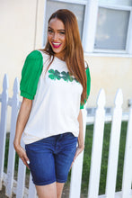 Load image into Gallery viewer, Lucky Sequin Clover Oatmeal Cable Knit Puff Sleeve Top