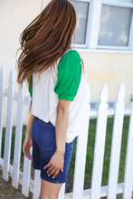 Load image into Gallery viewer, Lucky Sequin Clover Oatmeal Cable Knit Puff Sleeve Top