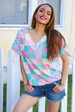 Load image into Gallery viewer, Easy Living Mint Patchwork Print Textured Knit V Neck Top