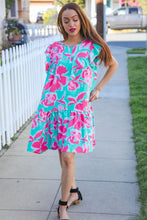 Load image into Gallery viewer, Diva Dreaming Aqua Floral Print Tiered Ruffle Sleeve Dress