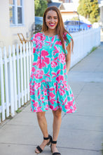 Load image into Gallery viewer, Diva Dreaming Aqua Floral Print Tiered Ruffle Sleeve Dress