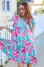 Load image into Gallery viewer, Diva Dreaming Aqua Floral Print Tiered Ruffle Sleeve Dress