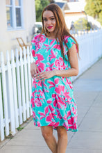 Load image into Gallery viewer, Diva Dreaming Aqua Floral Print Tiered Ruffle Sleeve Dress