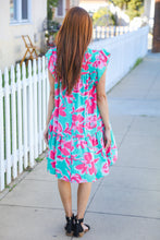 Load image into Gallery viewer, Diva Dreaming Aqua Floral Print Tiered Ruffle Sleeve Dress