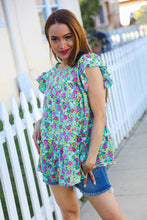 Load image into Gallery viewer, All For You Mint Floral Yoke Flutter Sleeve Keyhole Back Top