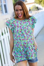 Load image into Gallery viewer, All For You Mint Floral Yoke Flutter Sleeve Keyhole Back Top