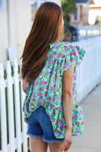 Load image into Gallery viewer, All For You Mint Floral Yoke Flutter Sleeve Keyhole Back Top