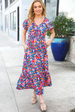 Load image into Gallery viewer, Find Love Blue Floral Raglan Puff Sleeves V Neck Smocked Waist Maxi