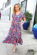 Load image into Gallery viewer, Find Love Blue Floral Raglan Puff Sleeves V Neck Smocked Waist Maxi