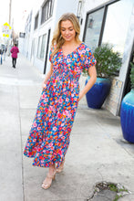 Load image into Gallery viewer, Find Love Blue Floral Raglan Puff Sleeves V Neck Smocked Waist Maxi