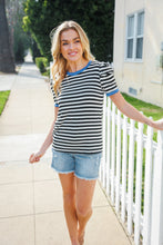 Load image into Gallery viewer, Seize The Day Blue Trim Black & Ivory Stripe Knit Top