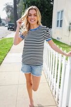 Load image into Gallery viewer, Seize The Day Blue Trim Black & Ivory Stripe Knit Top