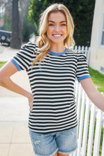 Load image into Gallery viewer, Seize The Day Blue Trim Black & Ivory Stripe Knit Top