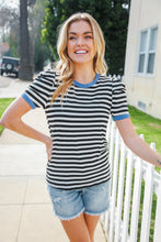 Load image into Gallery viewer, Seize The Day Blue Trim Black & Ivory Stripe Knit Top